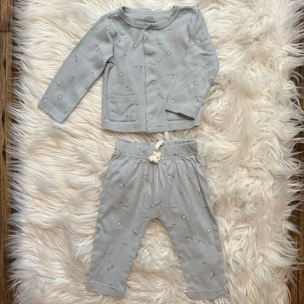 Carter’s Baby Boy 9M Light Blue Paper Airplane‎ Outfit Set NWOT